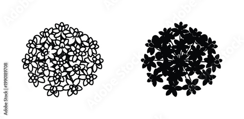 Minimalist hydrangea flower vector icons, black and white floral bloom silhouettes, botanical garden plant line art illustrations for wedding stationery