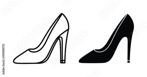High heel shoes vector icons, elegant stiletto pumps silhouette and outline set, black and white feminine footwear symbols for fashion design