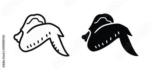 Hand drawn chicken wing vector icons, black and white poultry meat sketches, minimalist fried chicken wing illustrations for restaurant menus