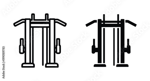 Gym cable machine icons in outline and solid styles, functional fitness equipment vector, strength training station for workout apps and health club branding