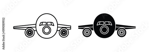 Minimalist airplane front view icons, black and white commercial aircraft vector set, passenger plane flight symbols for travel and aviation design