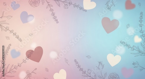 Soft Pastel Gradient Background with Hearts and Floral Elements