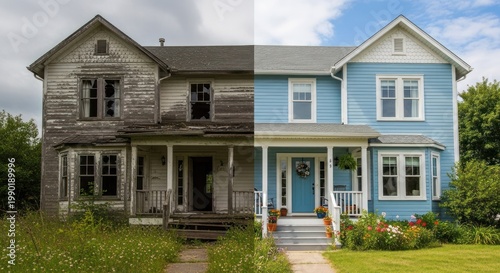A split image of a dilapidated, weathered house with peeling paint and missing windows, juxtaposed with a modern, freshly painted house with white siding and blue trim.