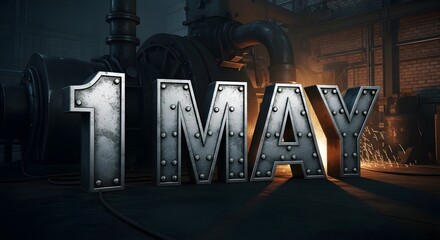 Industrial metal letters spelling 1 May against a glowing furnace background in a dark workshop.