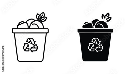 Compost bin icons with recycling symbol and organic waste, eco-friendly food scrap bucket vector set, sustainable waste management graphics