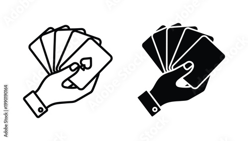 Minimalist playing cards icon set, hand holding poker cards vector, black and white gambling symbols for casino games and leisure activities