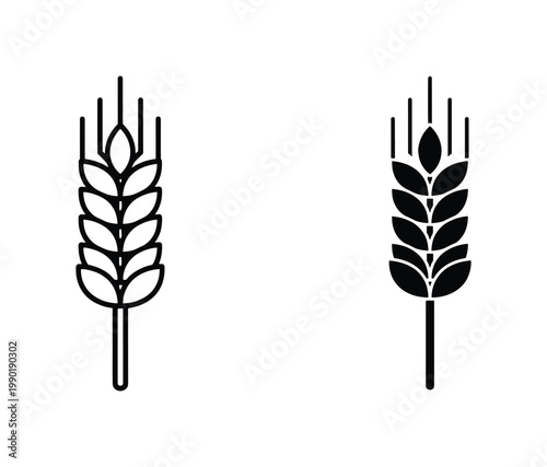 Minimalist wheat ear icons, black outline and solid silhouette cereal stalks, organic grain vector symbols for bakery and agriculture branding