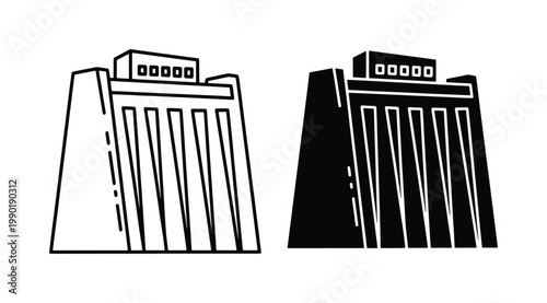 Hydroelectric dam vector icons, industrial power plant station symbols, renewable energy infrastructure graphics, black and white dam silhouette