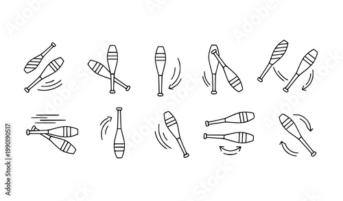 Minimal juggling club outline icons with motion elements in modern line vector style