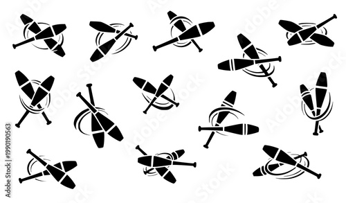 Abstract juggling club icon collection with motion-inspired silhouettes in black modern vector design