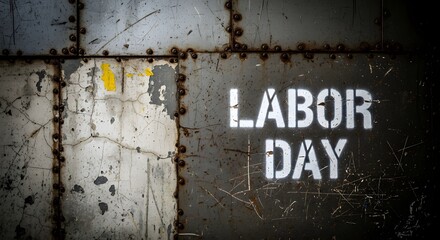 Stenciled White Labor Day Text Displayed on a Weathered Industrial Metal Surface With Rivet Details.