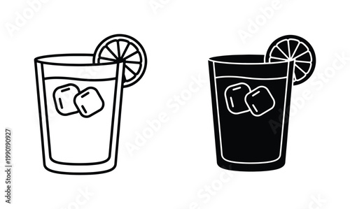 Minimalist cocktail glass icons with ice and lemon slice, black and white line art vector set, refreshing summer drink illustrations for bar menus