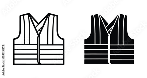 Safety vest vector icons, reflective high-visibility construction waistcoat set, industrial protective workwear symbols for site security and labor
