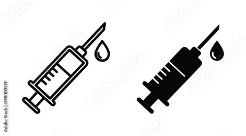 Medical syringe icon set, black and white hypodermic needle vector illustrations, vaccine injection symbols for healthcare and clinical use