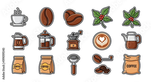 Coffee Icons Set: Beans, Cup, Grinder, French Press, Bag, Plant, Latte Art