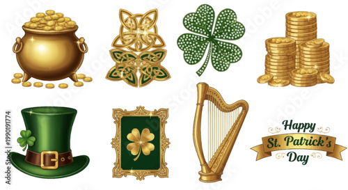 St. Patrick's Day Symbols: Pot of Gold, Harp, Shamrock, Celtic Knot, Top Hat, Coins