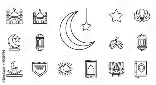 Ramadan Islamic Icons Set: Crescent Moon, Mosque, Lanterns, Star, Dates, Quran, Prayer Mat