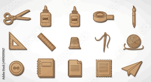 Craft Supplies Icons: Scissors, Glue, Ruler, Needle, Thread, Paper Plane, Button