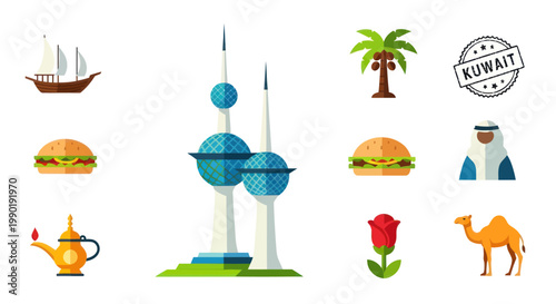 Kuwait City Icons: Landmark Towers, Culture, Food, and Nature Symbols