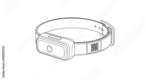 Smartwatch fitness tracker device line art with QR code display and sporty band for health monitoring and tech icons
