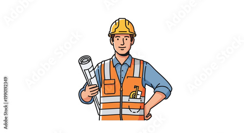 Construction worker in hard hat and safety vest holding blueprints, isolated on white background.