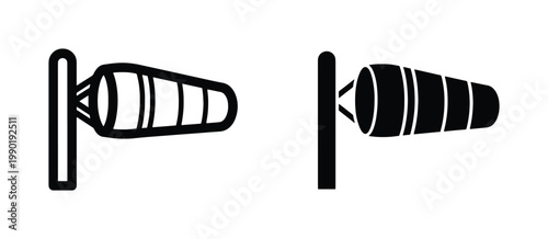 Windsock vector icons in outline and solid styles, airport wind direction indicator symbols, weather measurement tool for aviation and meteorology