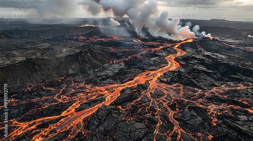 Volcanic Eruption Landscape with Flowing Molten Lava and Smoke Plumes Under a Cloudy Sky