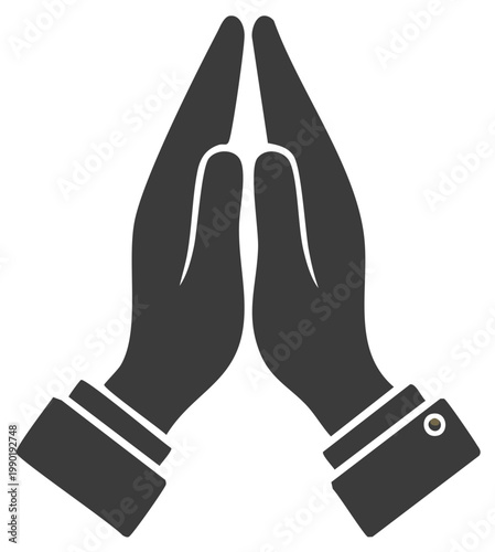 Simple grey icon of two hands together in a prayer gesture symbolizing hope and faith
