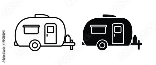Minimalist camper trailer icons, black and white outline and solid silhouette vector set, retro travel caravan symbols for camping and road trip graphics