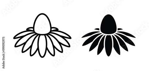 Echinacea flower vector icons, black and white coneflower botanical illustrations, herbal medicine plant symbols for logo design and wellness branding