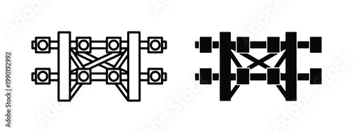 Industrial stage truss vector icons, aluminum lighting rig structure symbols, concert event scaffolding equipment, black and white technical line art