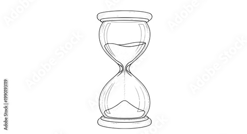 Hourglass with flowing sand in a line drawing style, symbolizing time passage. featuring clock, timer, illustration with outline and vector elements