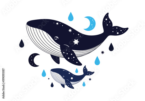 Celestial Whale and Calf Vector Illustration with Moon and Stars - Minimalist Boho Nursery Art