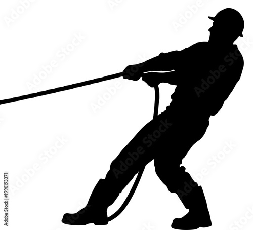 Silhouette of a Construction Worker Pulling a Rope Representing Manual Labor Effort and Strength on White Background
