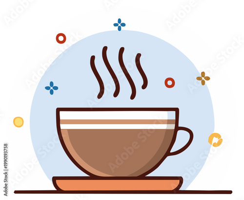 Steaming cup of coffee on a saucer with geometric shapes on a light blue background