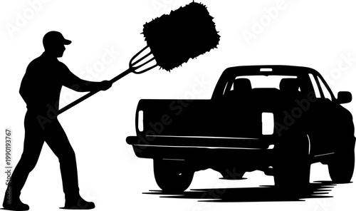 Farmer Silhouette Loading Hay Bale into Pickup Truck with Pitchfork Vector Graphic