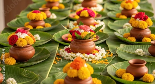 Traditional Indian Puja Offerings: Marigold Flowers in Clay Pots on Banana Leaves