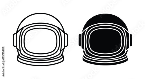 Astronaut helmet vector icons, minimalist space suit headgear line art, black and white cosmonaut helmet silhouettes for science and technology design