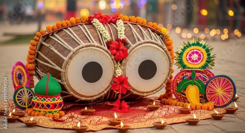 Traditional Indian Drum Dhol decorated with Flowers and Diyas for Festival Celebration