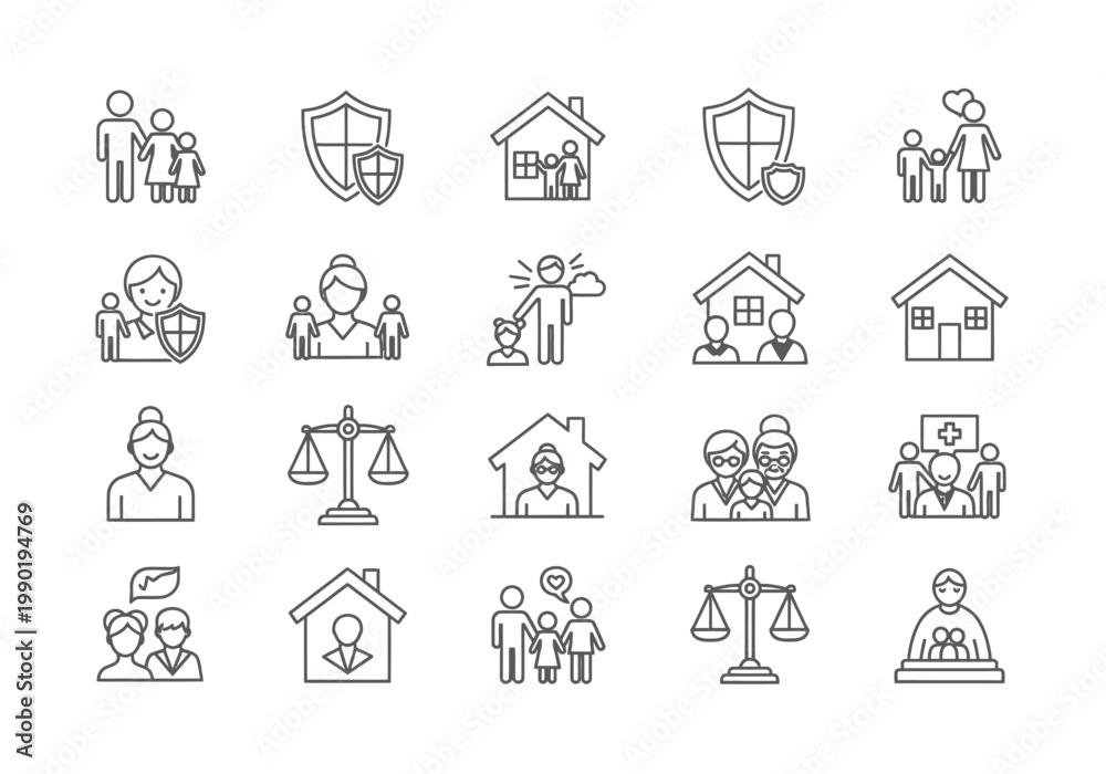 Fototapeta premium Family Law and Social Services Line Icon Set: Vector Graphics for Legal, Protection, Insurance, and Community Support Concepts