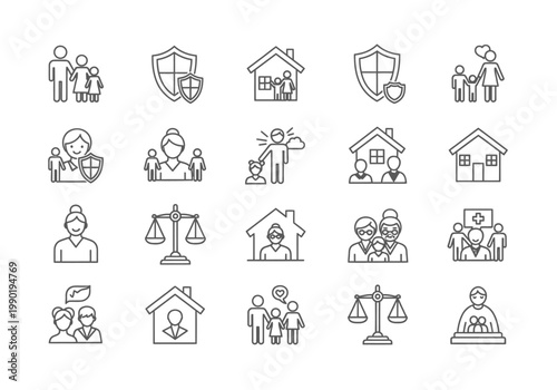 Family Law and Social Services Line Icon Set: Vector Graphics for Legal, Protection, Insurance, and Community Support Concepts