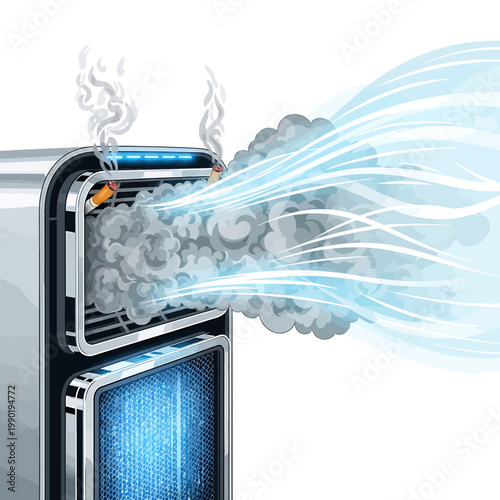 Illustration of an air purifier actively cleaning and purifying air, emitting clean air