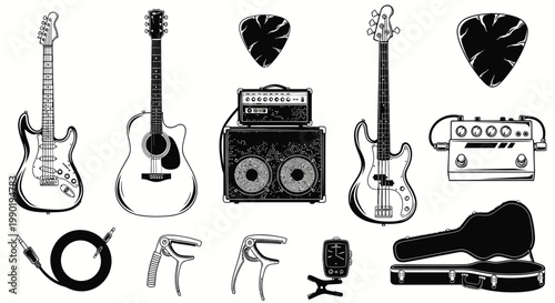 Musical Instruments and Guitar Accessories Vector Set