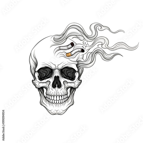 A smoking skull illustration with smoke billowing out the top, symbolizing the dangers of addiction and mortality
