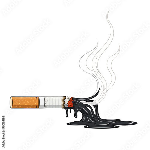 A burning cigarette melting into black tar, powerfully symbolizing the severe health risks, toxic substances, and addictive dangers associated with tobacco use. A clear anti-smoking message
