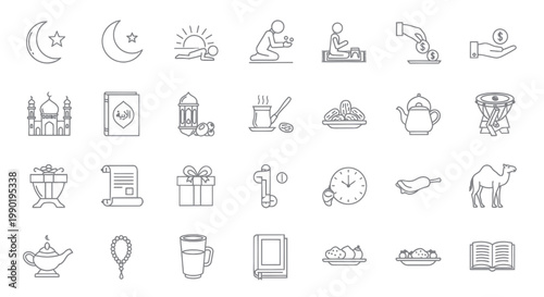 Islamic Icons Set: Mosque, Quran, Prayer, Ramadan, Eid, Symbols, Line Art Collection