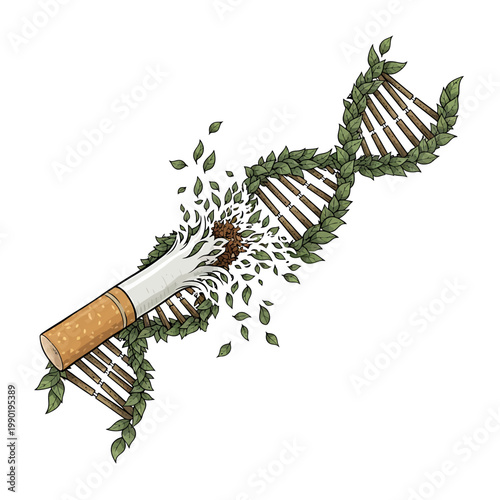 The destructive impact of smoking on human DNA, depicted as a cigarette breaking apart a leafy genetic helix, symbolizing health deterioration