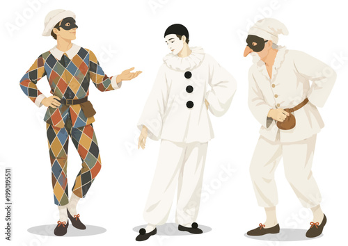 079-36-Three traditional italian commedia dell'arte characters standing with theatrical poses