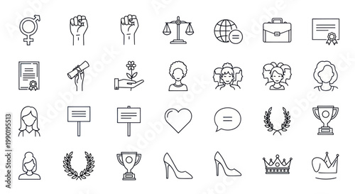 Female Empowerment Icons: Equality, Success, Rights, Career, Achievement, Justice
