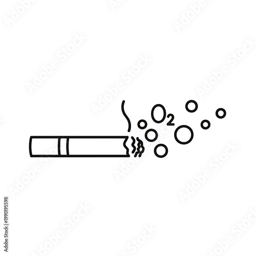 Outline icon of a lit cigarette emitting smoke with O2 symbols, representing the negative health impact of smoking on oxygen intake and respiratory function, a visual warning against tobacco